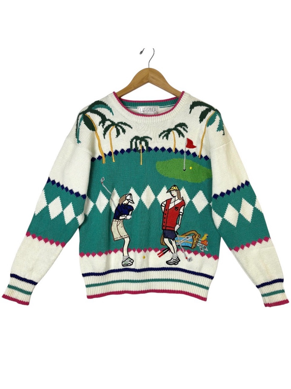 Vintage 90s Lizi Ruch Golf Sweater Womens M Applique Palm Tree Argyle Novelty